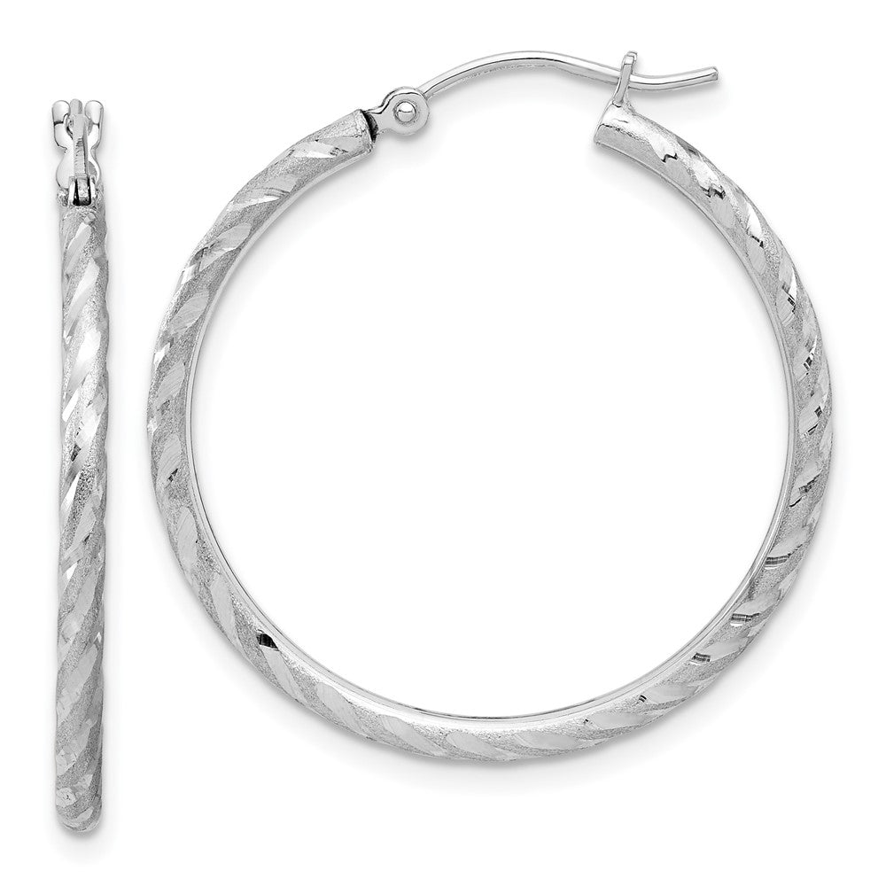 14k White Gold 2.00x30mm Polished and Satin Diamond-cut Twist Tube Hoop Earrings