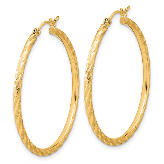 14k 2.00x35mm Polished and Satin Diamond-cut Twist Tube Hoop Earrings