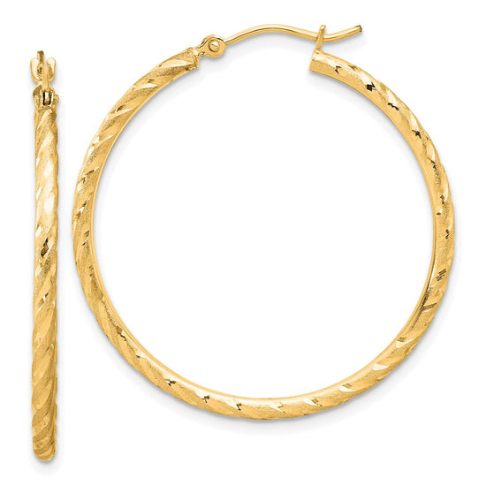 14k 2.00x35mm Polished and Satin Diamond-cut Twist Tube Hoop Earrings