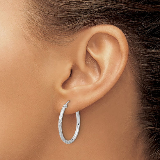 14k White Gold 2.00x25mm Polished and Satin Diamond-cut Twist Tube Hoop Earrings