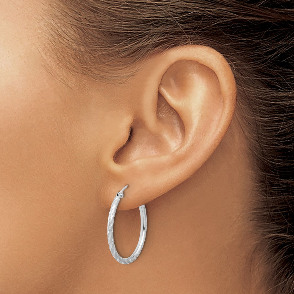 14k White Gold 2.00x25mm Polished and Satin Diamond-cut Twist Tube Hoop Earrings