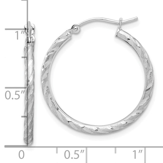 14k White Gold 2.00x25mm Polished and Satin Diamond-cut Twist Tube Hoop Earrings
