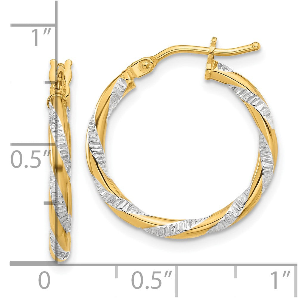 14K and White Rhodium 2x20mm Polished Diamond-cut Twist Tube Hoop Earrings