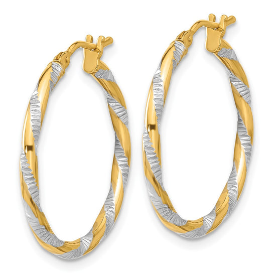 14K and White Rhodium 2x24mm Polished Diamond-cut Twist Tube Hoop Earrings
