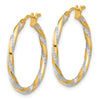 14K and White Rhodium 2x24mm Polished Diamond-cut Twist Tube Hoop Earrings