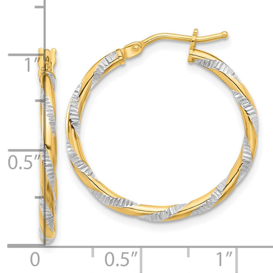 14K and White Rhodium 2x24mm Polished Diamond-cut Twist Tube Hoop Earrings
