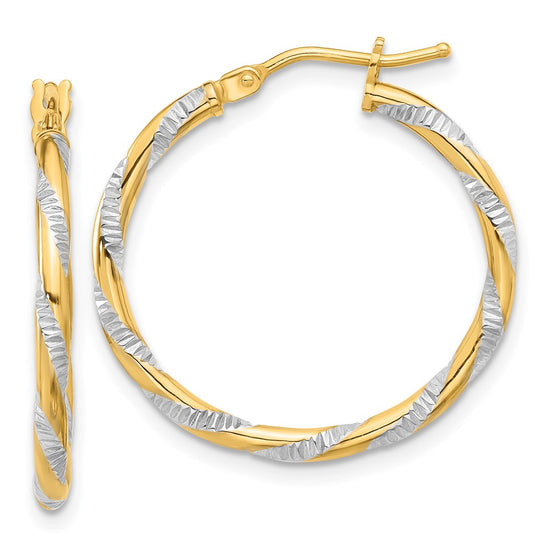 14K and White Rhodium 2x24mm Polished Diamond-cut Twist Tube Hoop Earrings
