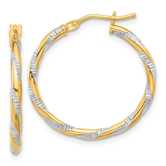14K and White Rhodium 2x24mm Polished Diamond-cut Twist Tube Hoop Earrings