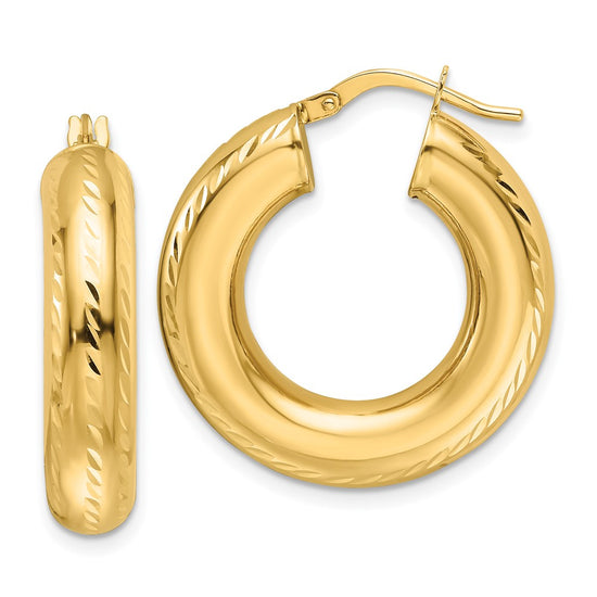14k 6x27mm Polished Diamond-cut Round Tube Hoop Earrings