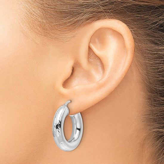 14k White Gold Polished D/C 6mm Hollow Round Hoop Earrings