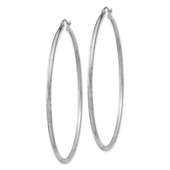 14k White Gold Satin and Diamond-cut 2mm Round Hoop Earrings