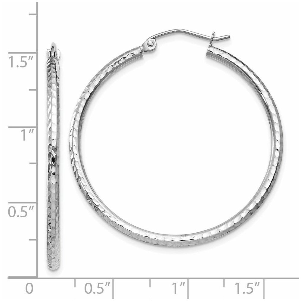 14k White Gold 2x35mm Diamond-cut Round Tube Hoop Earrings