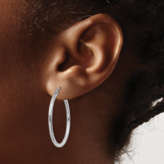 14k White Gold 2x30mm Diamond-cut Round Tube Hoop Earrings
