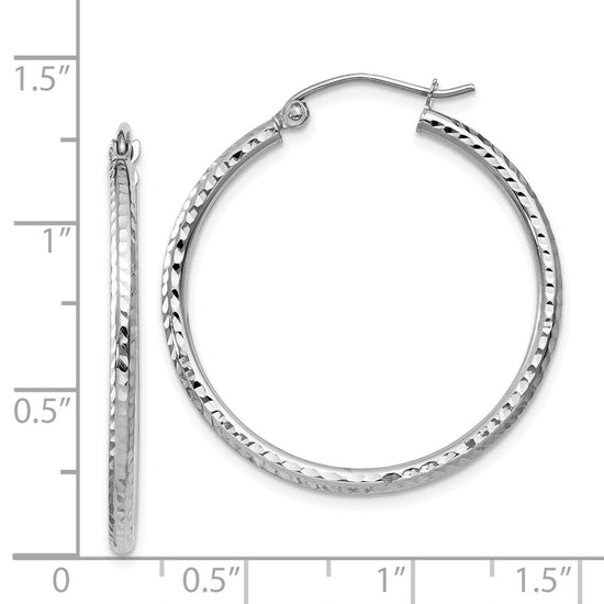 14k White Gold 2x30mm Diamond-cut Round Tube Hoop Earrings