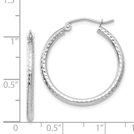 14k White Gold 2x25mm Diamond-cut Round Tube Hoop Earrings