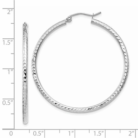 14k White Gold 2x40mm Diamond-cut Round Tube Hoop Earrings
