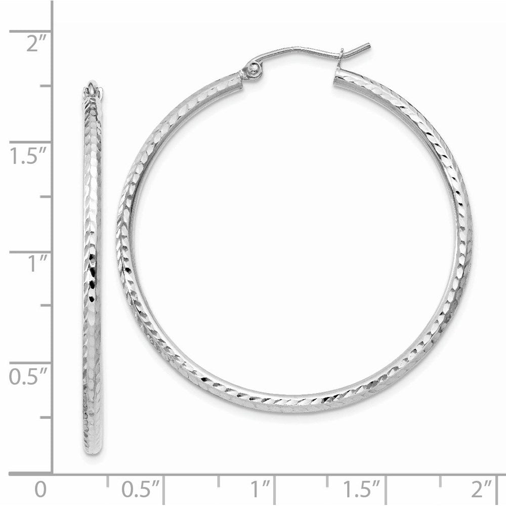 14k White Gold 2x40mm Diamond-cut Round Tube Hoop Earrings