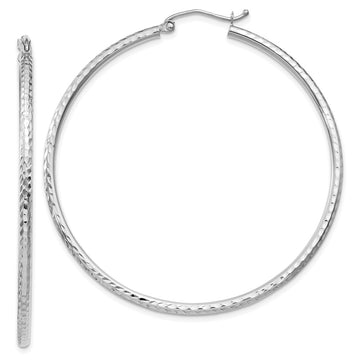 14k White Gold 2x50mm Diamond-cut Round Tube Hoop Earrings