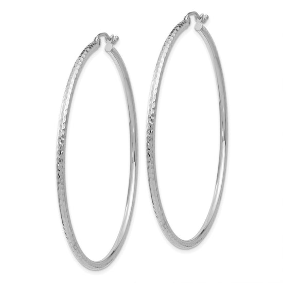 14k White Gold 2x55mm Diamond-cut Round Tube Hoop Earrings