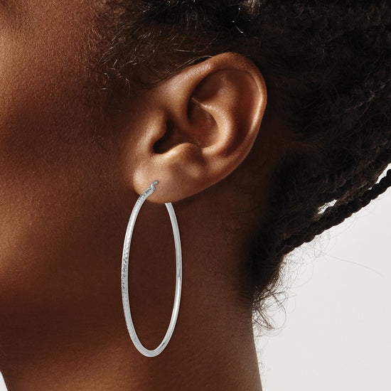 14k White Gold 2x55mm Diamond-cut Round Tube Hoop Earrings