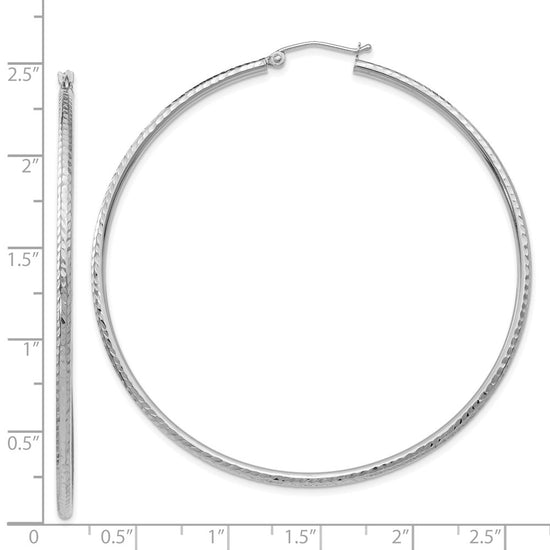 14k White Gold 2x60mm Diamond-cut Round Tube Hoop Earrings