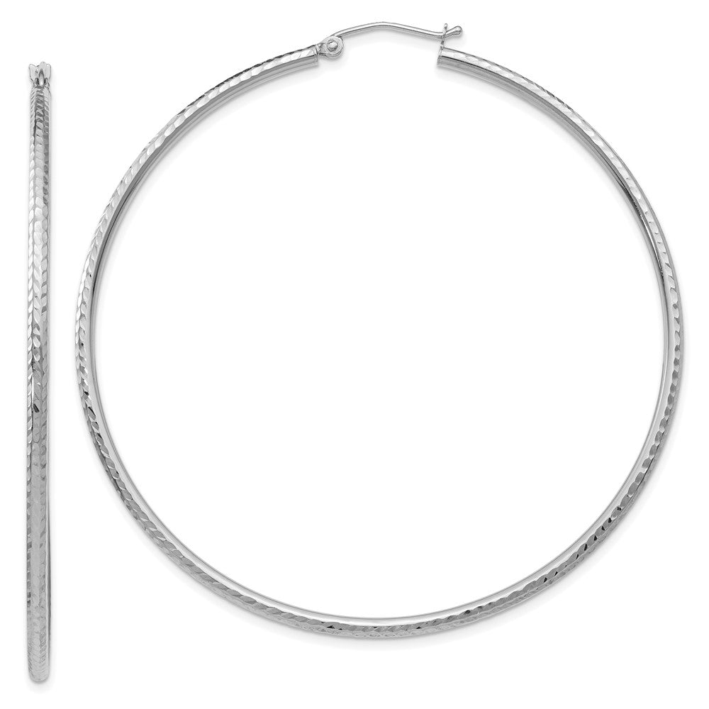 14k White Gold 2x60mm Diamond-cut Round Tube Hoop Earrings