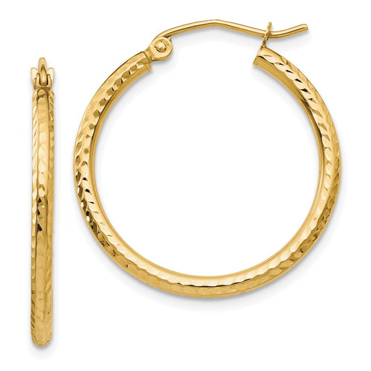 14k 2x25mm Diamond-cut Round Tube Hoop Earrings