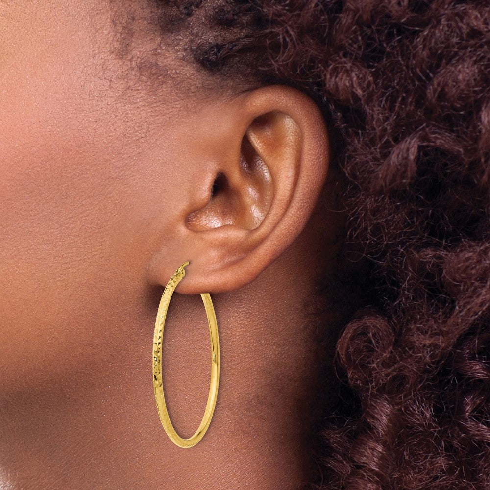14k 2x40mm Diamond-cut Round Tube Hoop Earrings