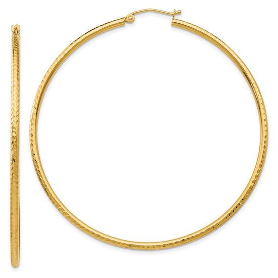 14k 2x60mm Diamond-cut Round Tube Hoop Earrings