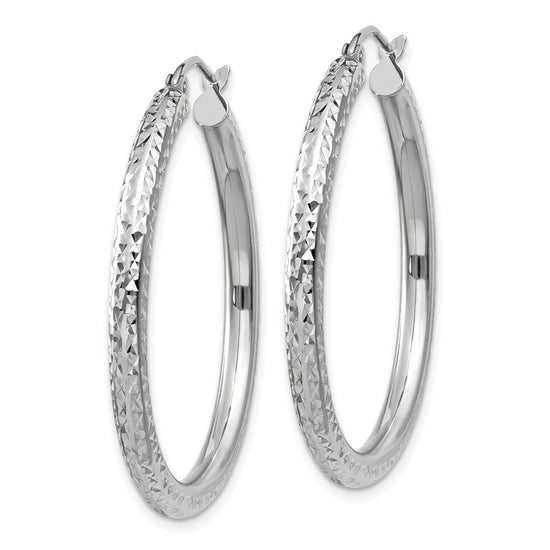 14k White Gold 3x35mm Diamond-cut Round Tube Hoop Earrings