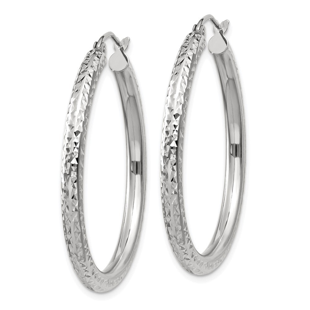 14k White Gold 3x35mm Diamond-cut Round Tube Hoop Earrings