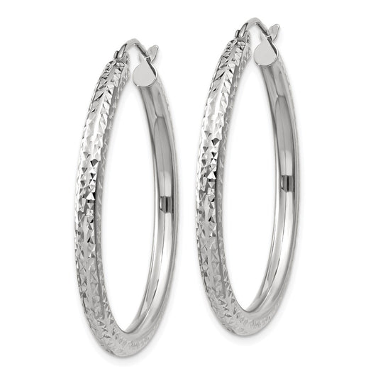 14k White Gold 3x35mm Diamond-cut Round Tube Hoop Earrings