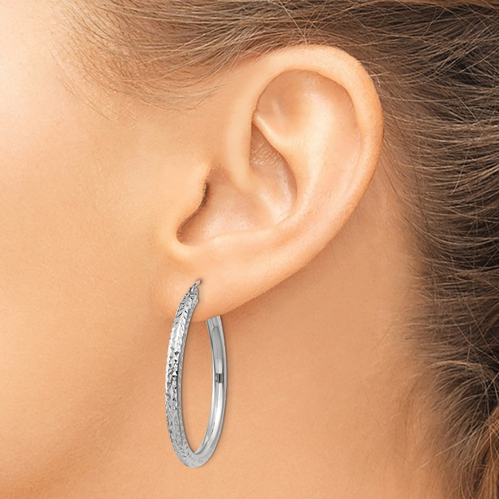 14k White Gold 3x35mm Diamond-cut Round Tube Hoop Earrings