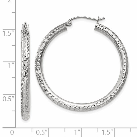 14k White Gold 3x35mm Diamond-cut Round Tube Hoop Earrings