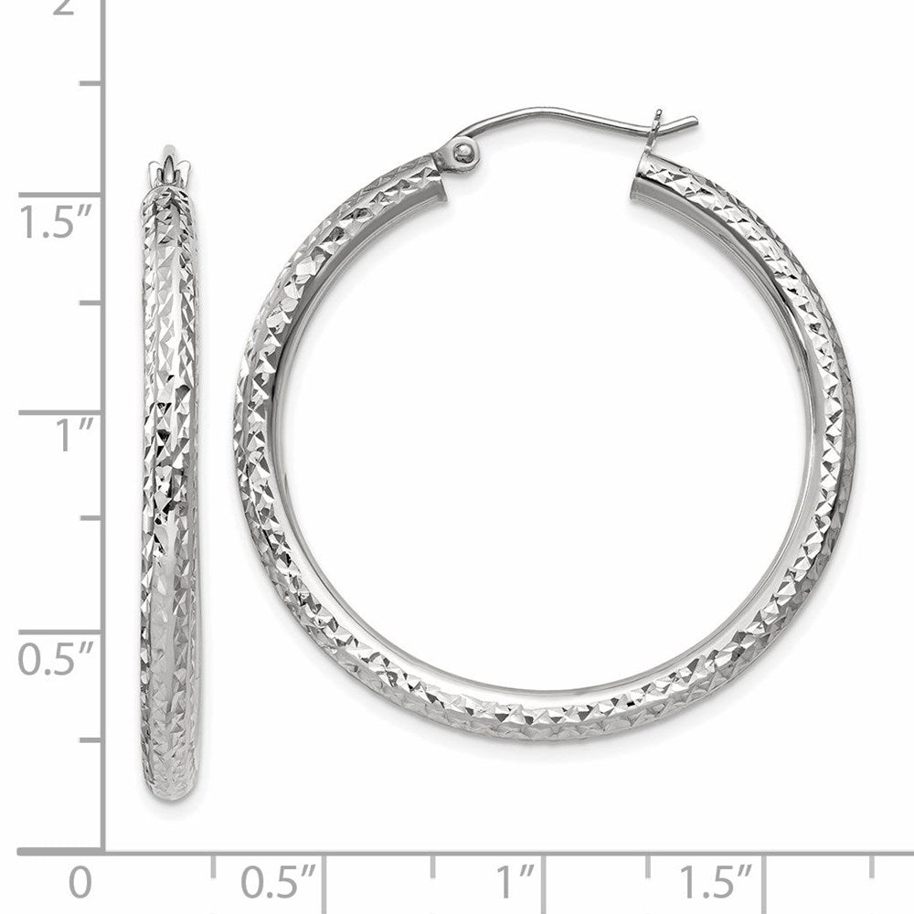 14k White Gold 3x35mm Diamond-cut Round Tube Hoop Earrings