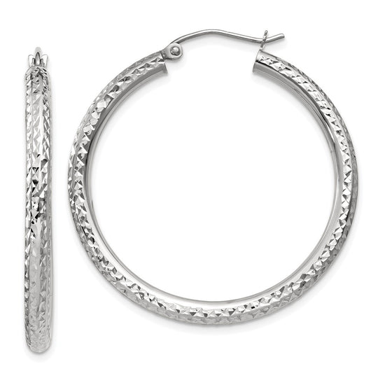 14k White Gold 3x35mm Diamond-cut Round Tube Hoop Earrings