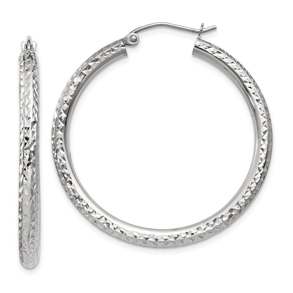 14k White Gold 3x35mm Diamond-cut Round Tube Hoop Earrings