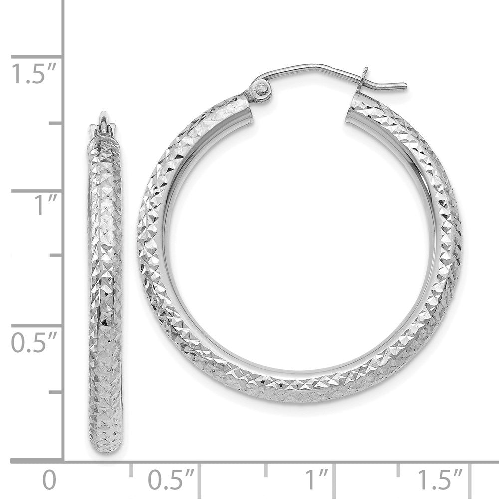 14k White Gold 3x30mm Diamond-cut Round Tube Hoop Earrings