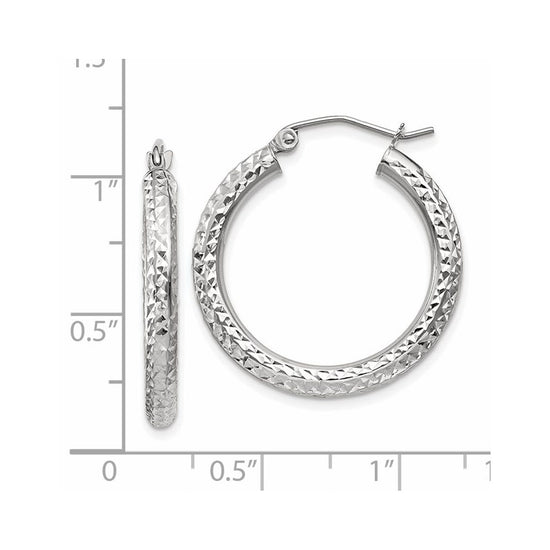 14k White Gold 3x25mm Diamond-cut Round Tube Hoop Earrings