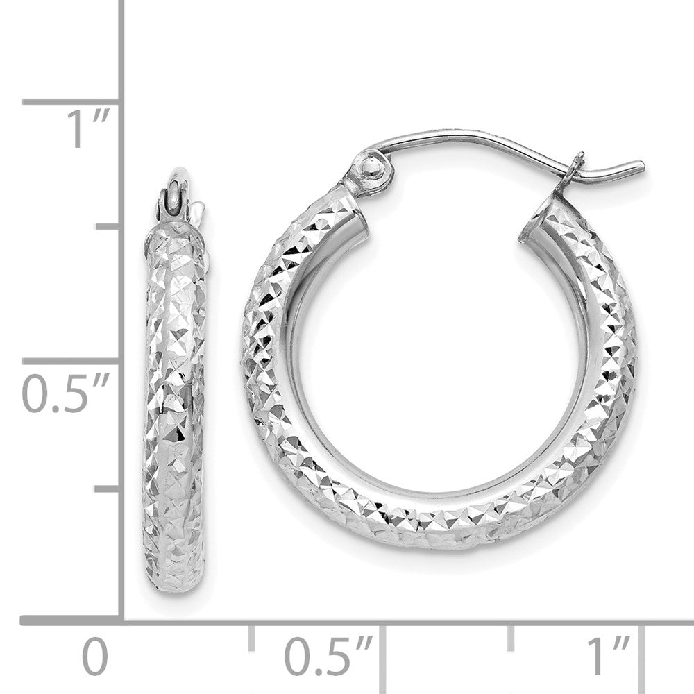 14k White Gold 3x20mm Diamond-cut Round Tube Hoop Earrings