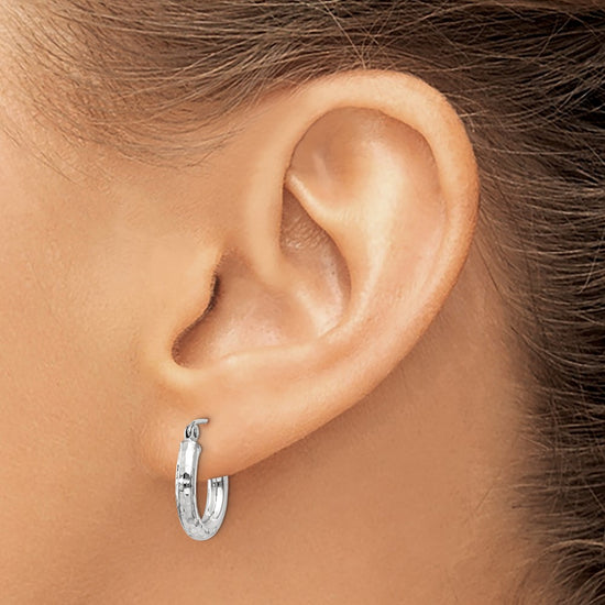 14k White Gold 3x16mm Diamond-cut Round Tube Hoop Earrings