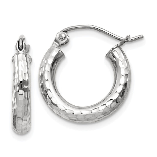 14k White Gold 3x16mm Diamond-cut Round Tube Hoop Earrings