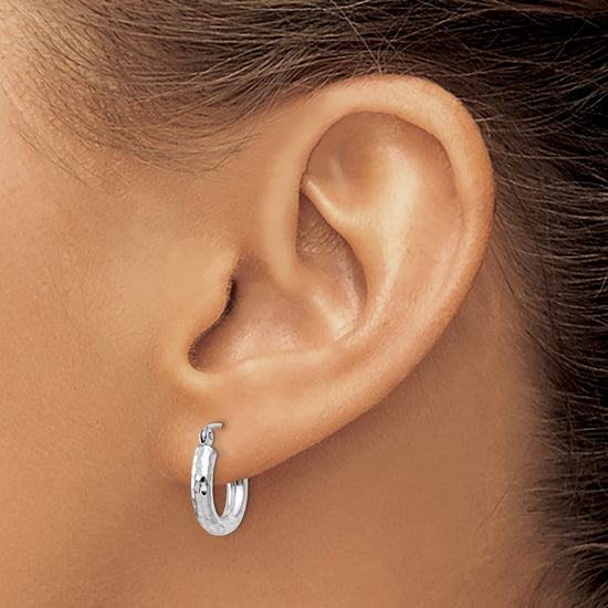14k White Gold 3x14mm Diamond-cut Round Tube Hoop Earrings