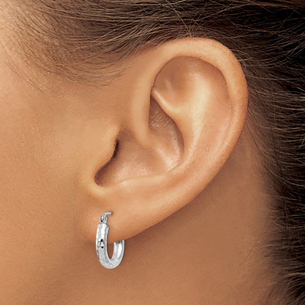 14k White Gold 3x14mm Diamond-cut Round Tube Hoop Earrings