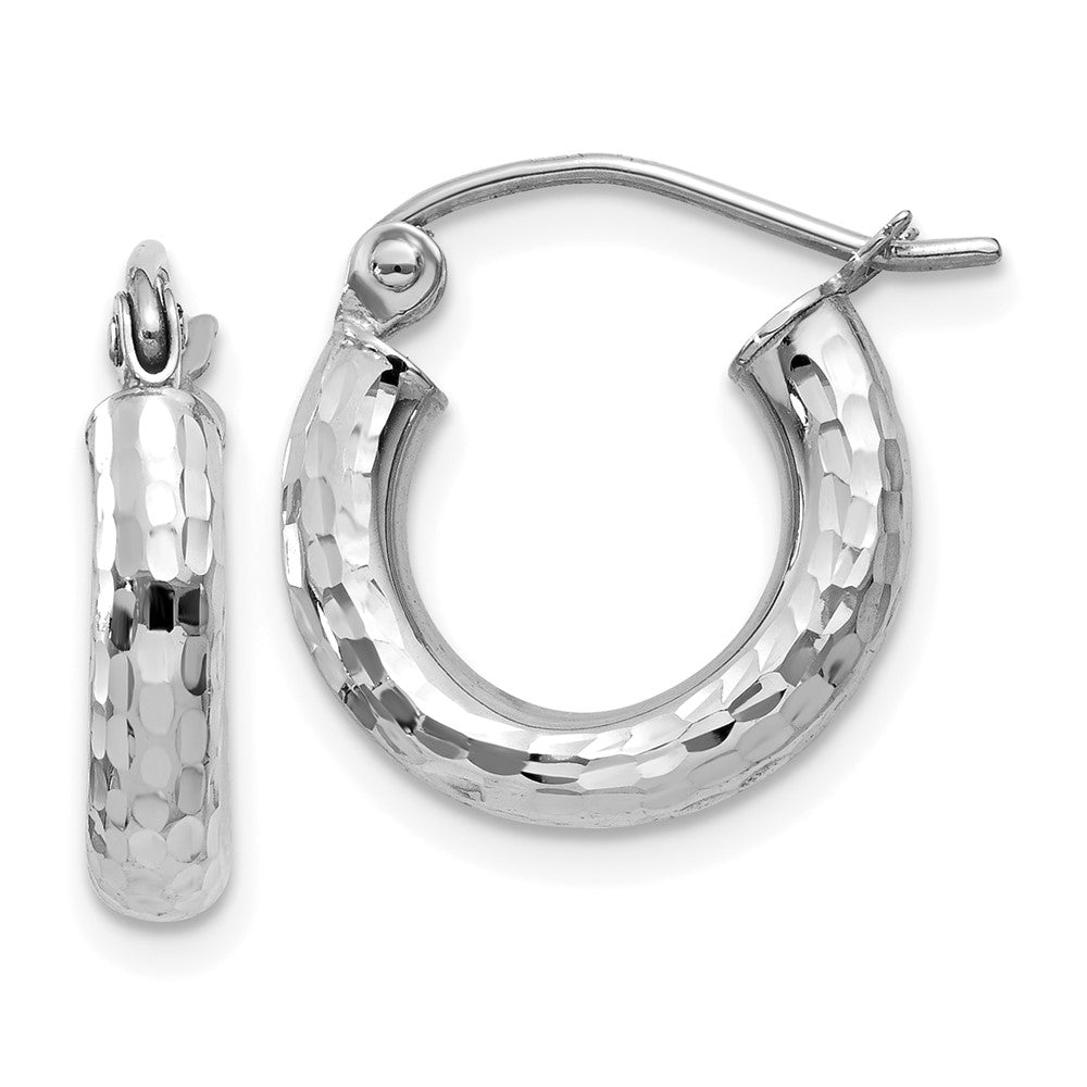 14k White Gold 3x14mm Diamond-cut Round Tube Hoop Earrings
