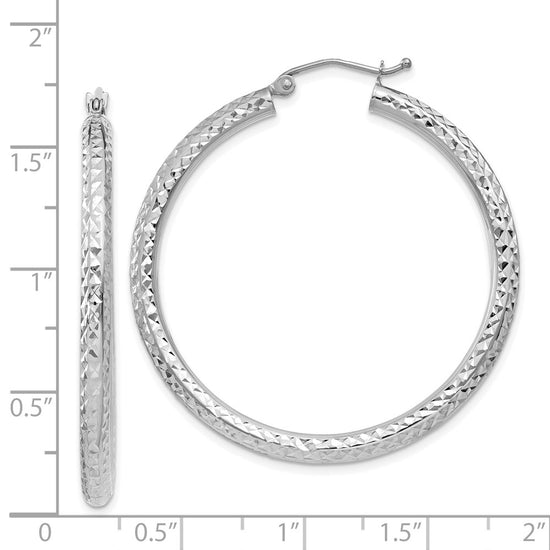 14k White Gold 3x40mm Diamond-cut Round Tube Hoop Earrings