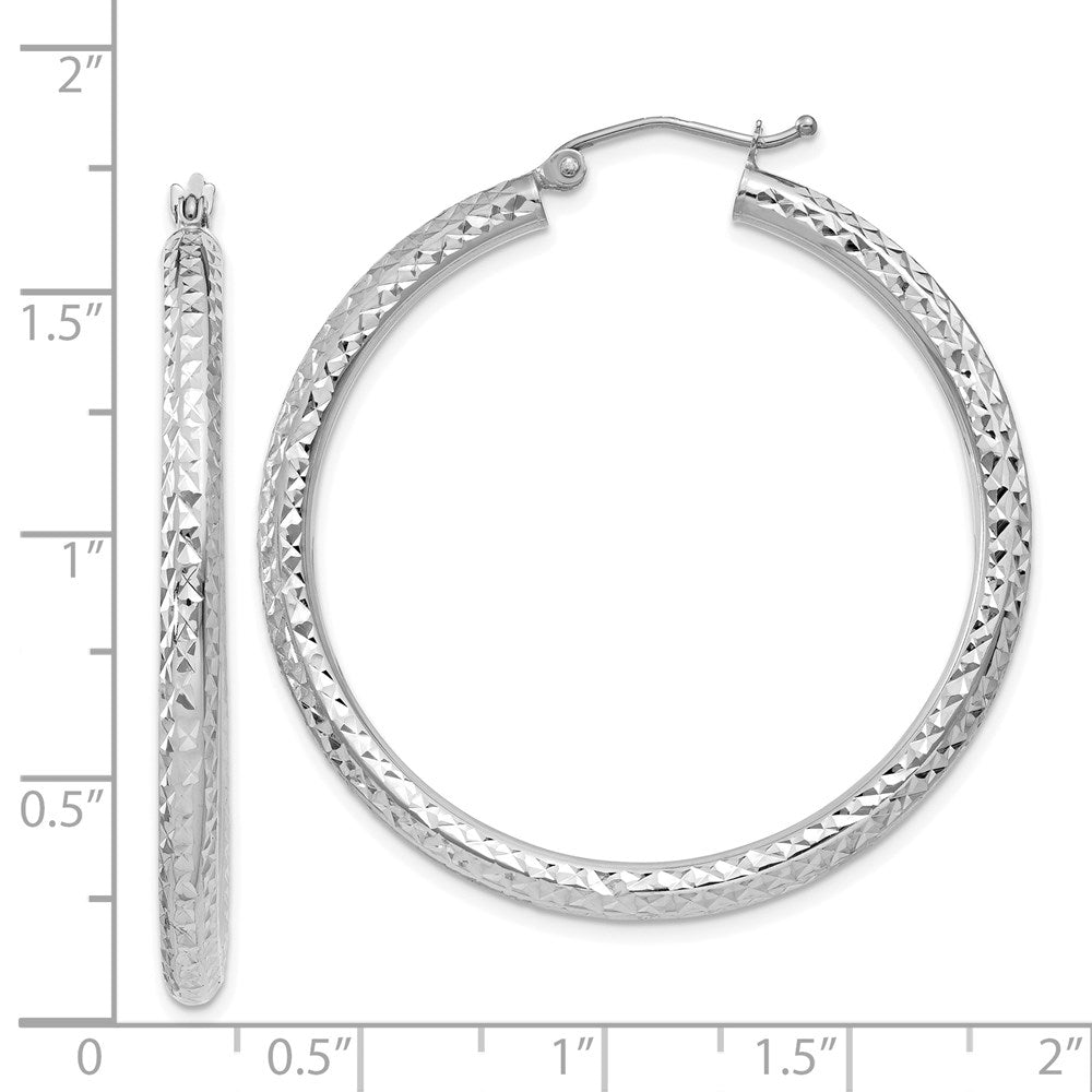 14k White Gold 3x40mm Diamond-cut Round Tube Hoop Earrings