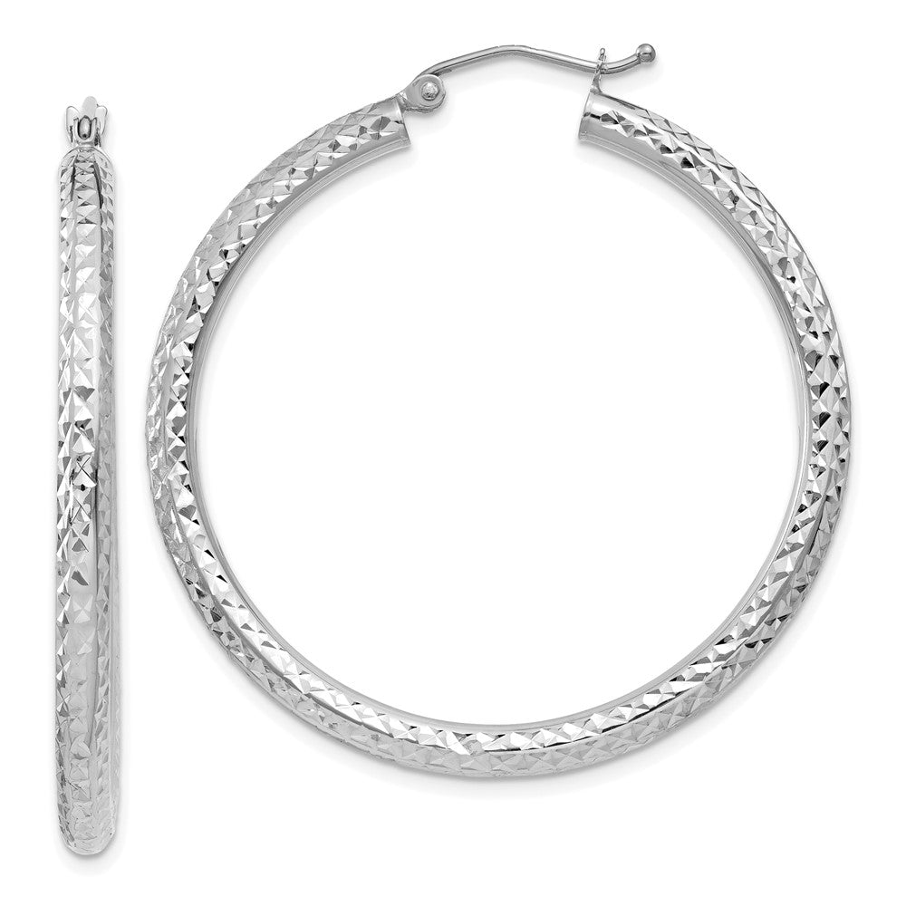 14k White Gold 3x40mm Diamond-cut Round Tube Hoop Earrings