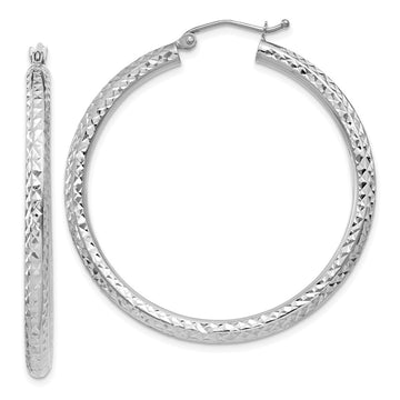 14k White Gold 3x40mm Diamond-cut Round Tube Hoop Earrings