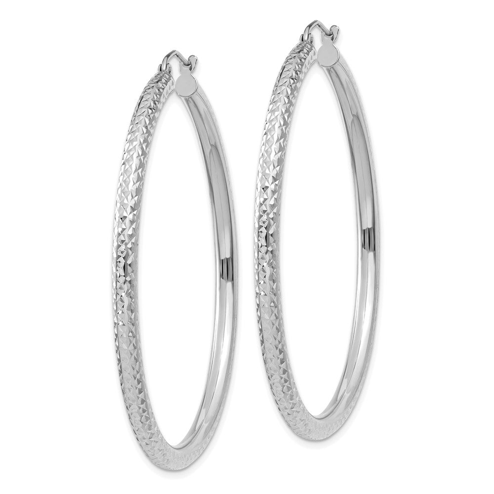 14k White Gold 3x50mm Diamond-cut Round Tube Hoop Earrings